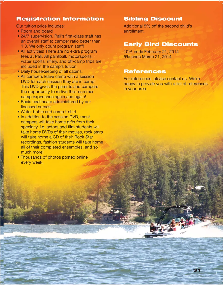 A page from the Pali Summer 2014 brochure: registration details over a photograph of a wakeboarding boat on the lake
